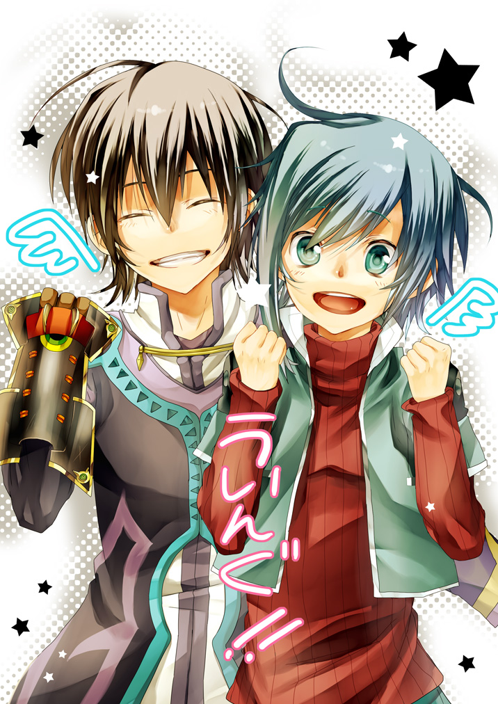 black_hair, blue_eyes, blue_hair, cardfight!!_vanguard, closed_eyes, coat, crossover, eyes_closed