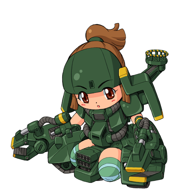 brown_hair, gundam, maro-n, mecha_musume, ponytail, zaku_tank_green_makaku_cannon_type