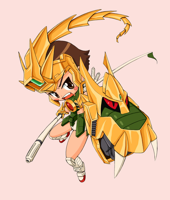 brown_eyes, brown_hair, dragon_gundam, g_gundam, gundam, maro-n, mecha_musume