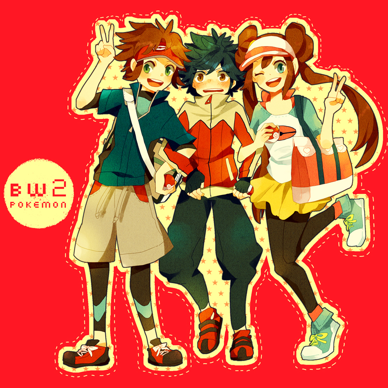 2boys, bag, black_hair, black_legwear, blue_eyes, blush, brown_eyes, brown_hair, conoha, double_bun, female_protagonist_(pokemon_bw2), fingerless_gloves, gloves, green_eyes, holding, holding_poke_ball, hue_(pokemon), jacket, kyouhei_(pokemon), leggings, locked_arms, long_hair, looking_at_viewer, male_protagonist_(pokemon_bw2), mei_(pokemon), messenger_bag, multiple_boys, pantyhose, poke_ball, pokemon, pokemon_(game), pokemon_bw2, raglan_sleeves, red_background, ribbon, rival_(pokemon_bw2), satchel, shoes, short_hair, shoulder_bag, simple_background, smile, sneakers, spiked_hair, spiky_hair, title_drop, twintails, v, visor, visor_cap, wink
