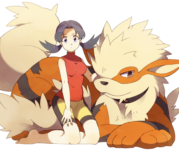 1girl, arcanine, bare_legs, barefoot, bike_shorts, black_hair, blue_eyes, crystal_(pokemon), earrings, hand_on_leg, jewelry, kneeling, looking_at_viewer, no_bandana, otoufu_(oto_hu), pokemon, pokemon_(creature), pokemon_special, twintails, white_background