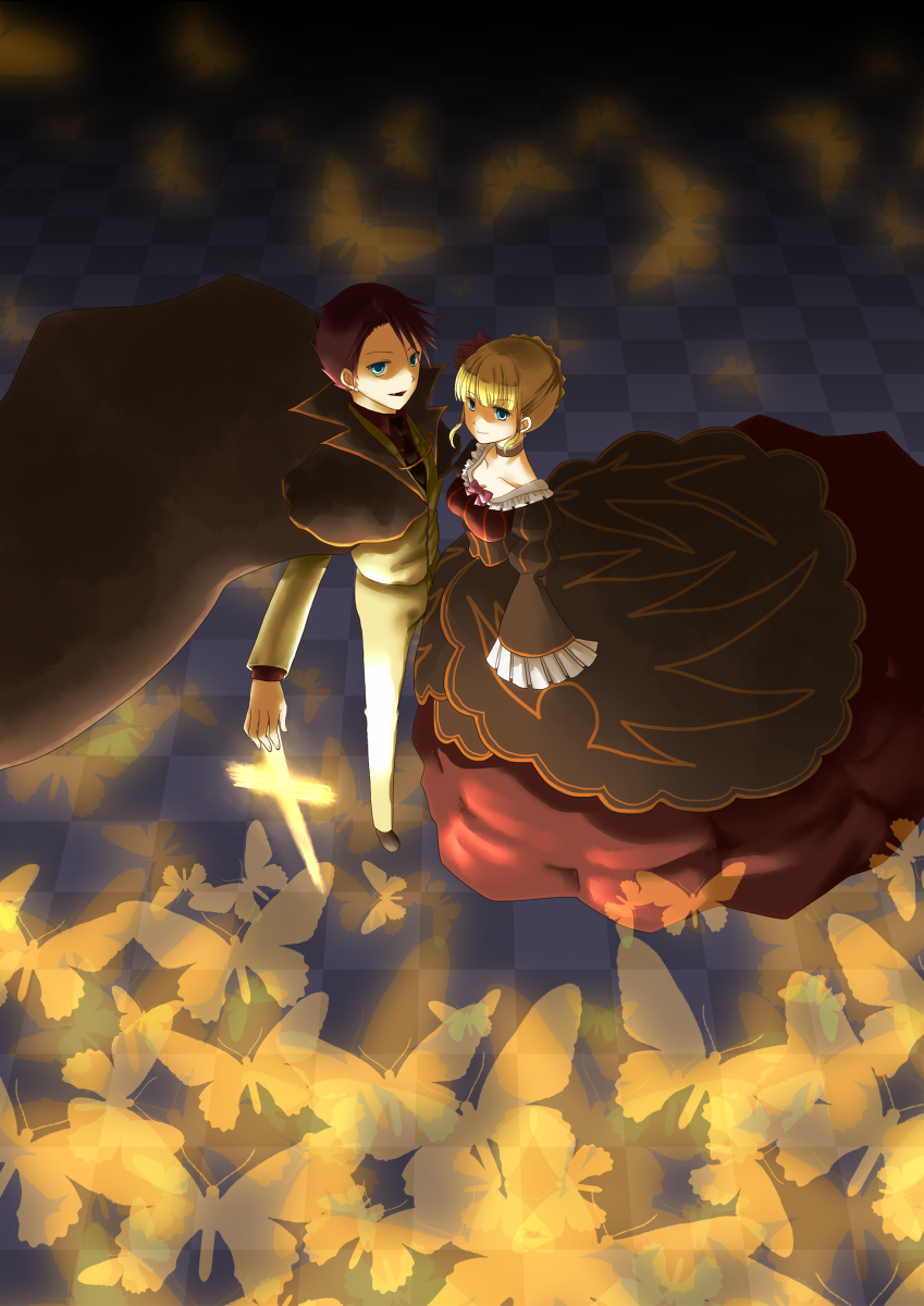 1girl, beatrice, blonde_hair, blue_eyes, butterfly, cape, checkered, checkered_floor