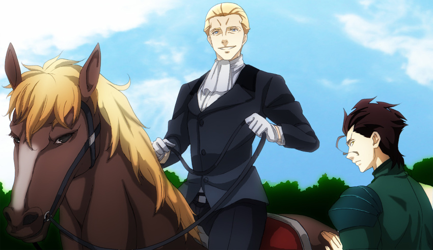 ahoge, black_hair, blonde_hair, blue_eyes, cravat, fate/zero, fate_(series), formal, gloves, highres, hogehoge0710, horse, kayneth_archibald_el-melloi, lancer_(fate/zero), male, multiple_boys, yellow_eyes