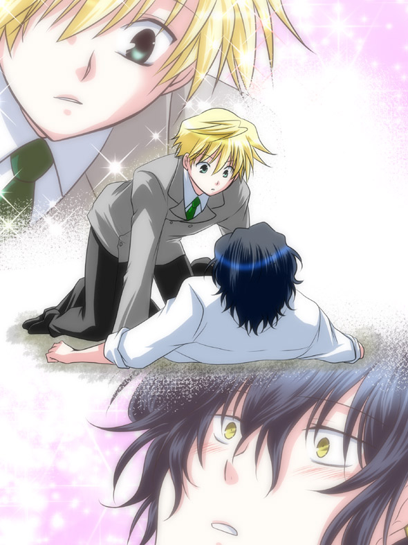 blush, fell_down, gilbert_nightray, green_eyes, looking_down, looking_up, male, necktie, oz_vessalius, pandora_hearts, parody, school_uniform, short_hair, sparkle, student, surprise, teacher, uniform, yellow_eyes
