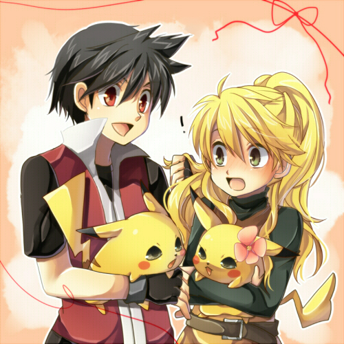 1boy, 1girl, black_hair, blonde_hair, blush, chuchu_(pokemon), flower, green_eyes, hair_flower, hair_ornament, hand_in_hair, long_hair, lowres, mokorei, no_hat, no_headwear, open_mouth, pika_(pokemon), pikachu, pokemon, pokemon_(creature), pokemon_special, ponytail, red_(pokemon), red_eyes, short_hair, smile, yellow_(pokemon)