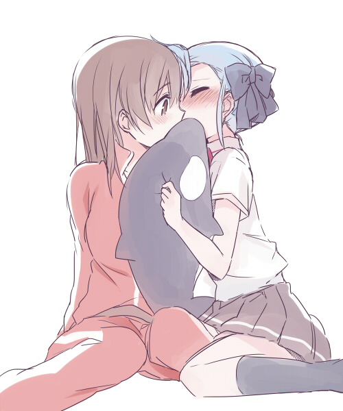 blue_hair, blush, bow, brown_eyes, brown_hair, closed_eyes, covering, eyes_closed