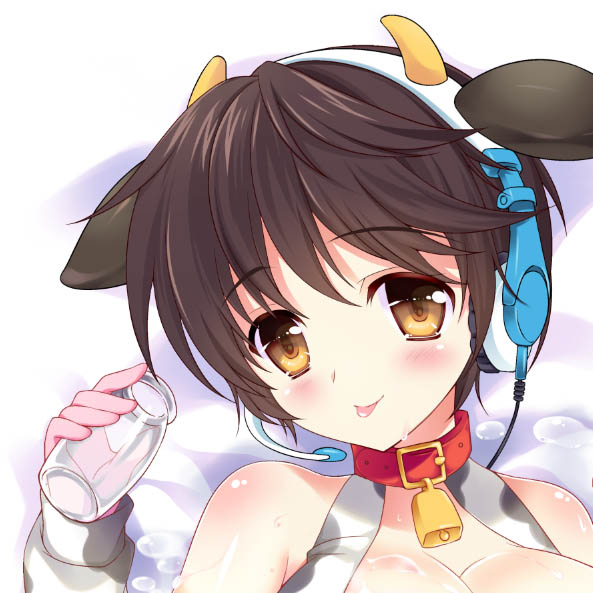 animal_ears, bare_shoulders, bell, bell_collar, black_hair, blush, bottle, brown_eyes