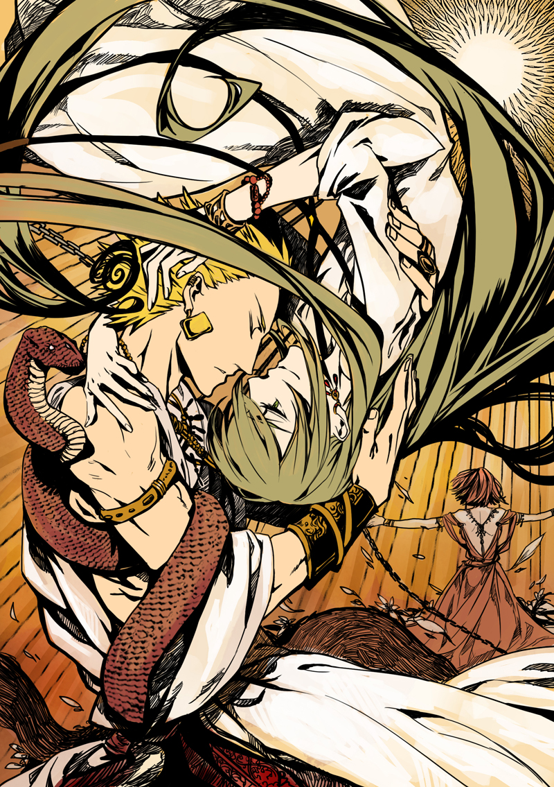 2boys, armlet, blonde_hair, closed_eyes, darkwinslow, earrings, enkidu_(fate/strange_fake), eyes_closed, fate/strange_fake, fate/zero, fate_(series), gilgamesh, green_hair, high_contrast, jewelry, long_hair, multiple_boys, ring, robe, shamhat, snake, sun, toga, upside-down