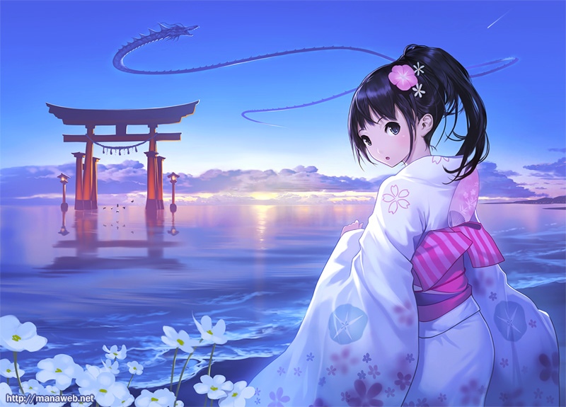 1girl, beach, bird, black_eyes, black_hair, cloud, clouds, dragon, east_asian_architecture, floral_print, flower, flower_request, hair_flower, hair_ornament, horizon, japanese_clothes, kimono, lamppost, looking_at_viewer, looking_back, mana_kakkowarai, nature, ocean, open_mouth, original, outdoors, ponytail, ryoubu_torii, scenery, shide, shimenawa, shooting_star, sky, solo, sunrise, sunset, torii, water, watermark, web_address