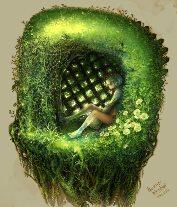 barefoot, character_request, closed_eyes, dated, eyes_closed, flower, green_hair, hair_flower