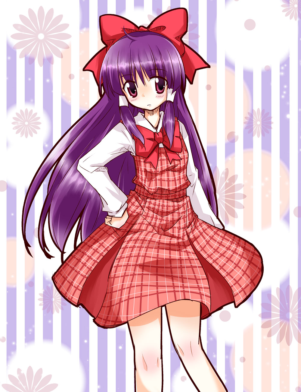 bow, contemporary, dress, hair_bow, hair_tubes, hakurei_reimu, hakurei_reimu_(pc-98), hand_on_hip, highres, hips, jumper, long_hair, nibi, plaid, plaid_dress, purple_eyes, purple_hair, solo, touhou, touhou_(pc-98), violet_eyes