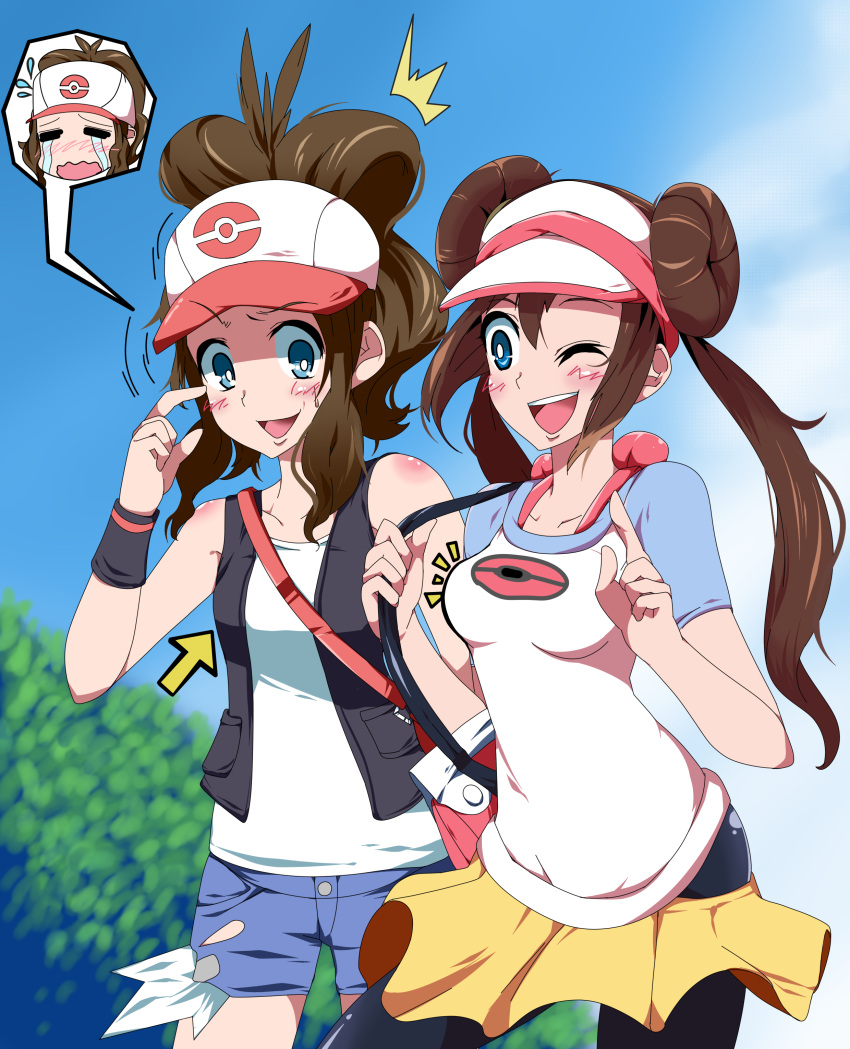 absurdres, bag, bare_shoulders, baseball_cap, blue_eyes, blush, breast_envy, breasts