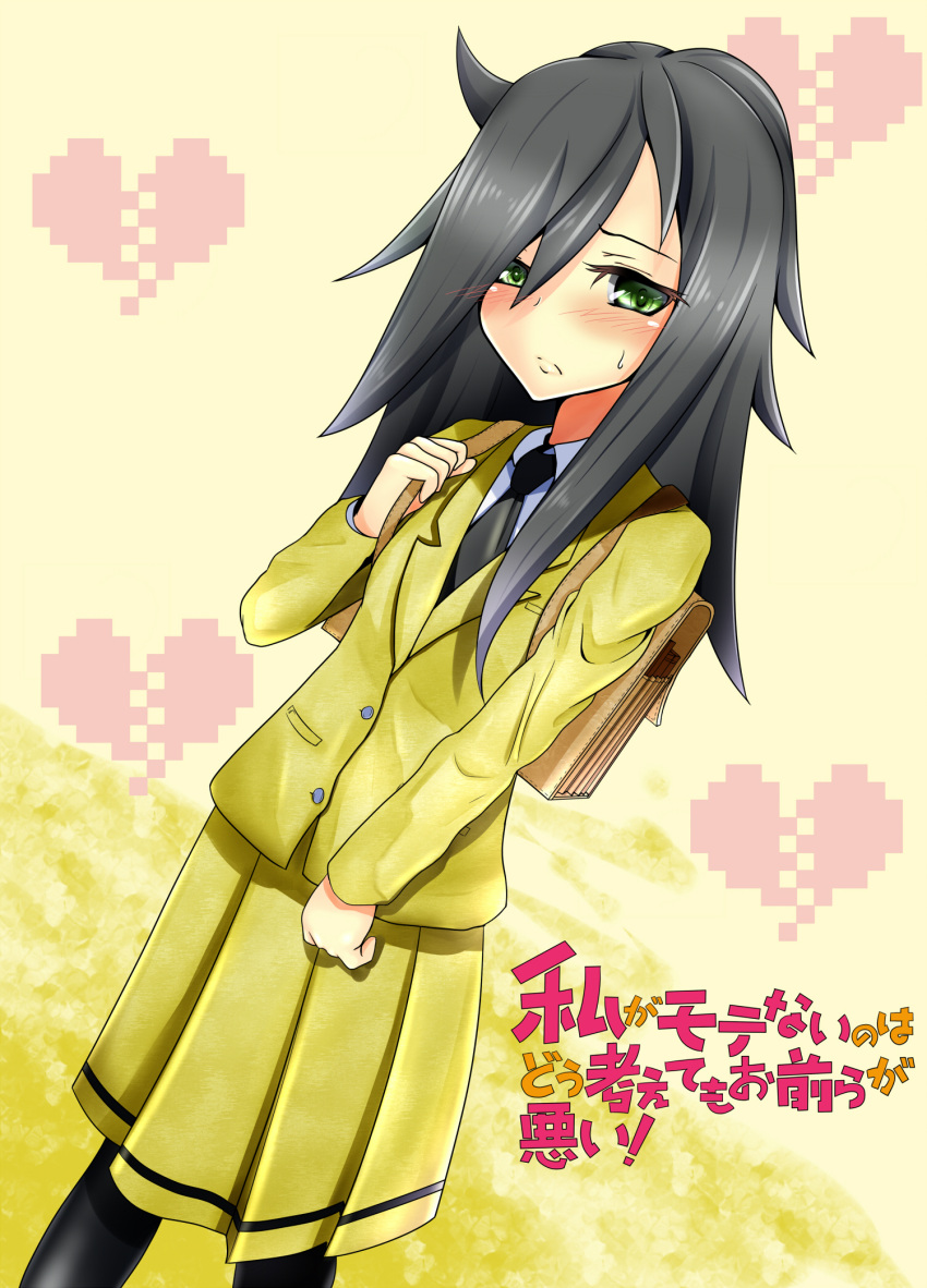 artist_request, backpack, bag, black_hair, blazer, blush, flat_chest, green_eyes