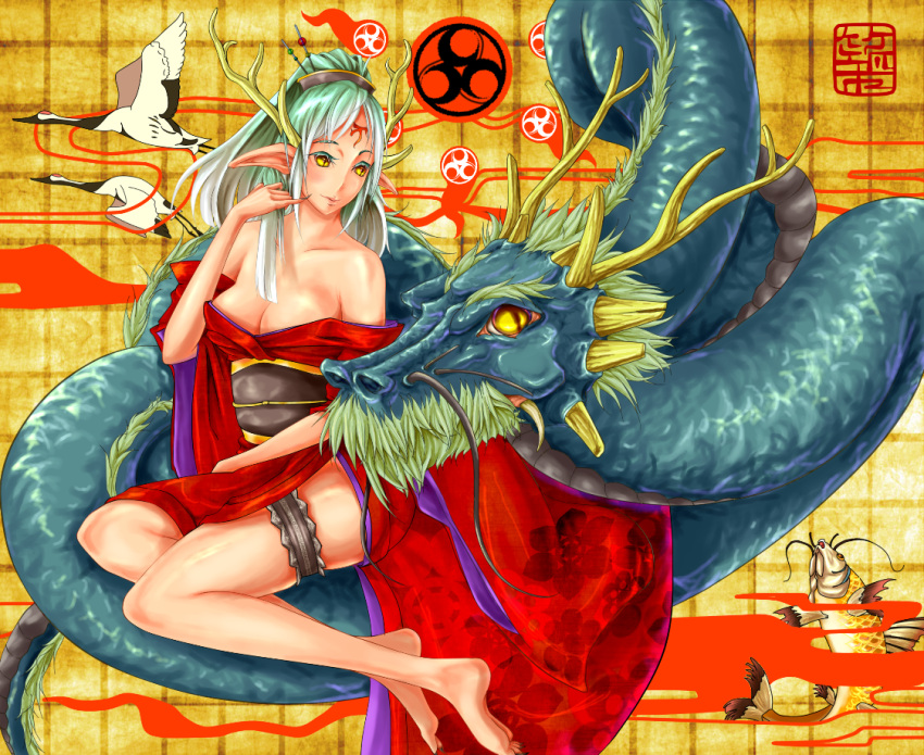 antlers, bird, chiku_(07152033), chiku_(gesu), dragon, dragon_girl, fish, green_hair, horns, japanese_clothes, kimono, koi, leg_garter, original, pointy_ears, thigh_garter, whiskers, yellow_eyes