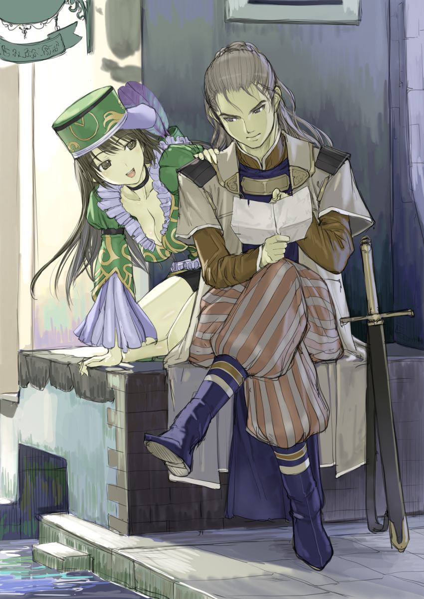 1girl, breasts, brown_eyes, brown_hair, claudia_(romancing_saga), cleavage, gray_(romancing_saga), hand_on_shoulder, hat, highres, letter, nakaba_reimei, romancing_saga, saga, sitting, smile, sword, weapon