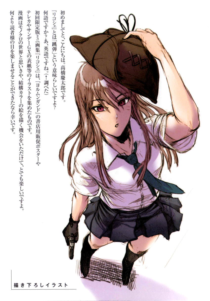 absurdres, blue_eyes, brown_hair, chinatsu_(jormungand), cowboy_hat, gloves, gun, hat