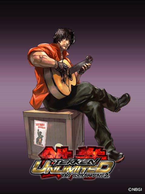 1boy, black_hair, crate, guitar, instrument, junny, male, manly, miguel_caballero_rojo, muscle, namco, official_art, solo, tekken, tekken_tag_2