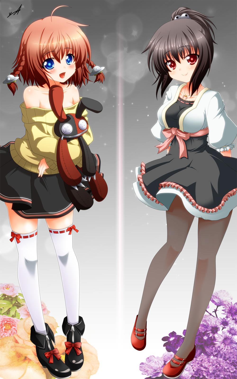 ahoge, bare_shoulders, black_hair, black_legwear, blue_eyes, braid, breasts, doll_hug