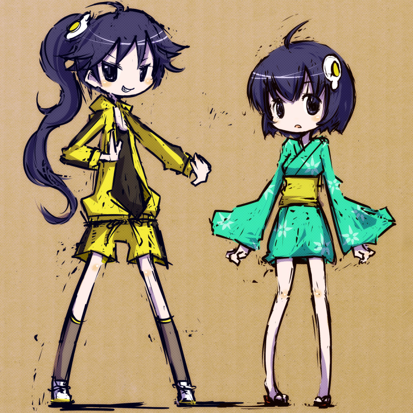 araragi_karen, araragi_tsukihi, black_eyes, black_hair, bob_cut, fighting_stance, fried_egg, frown, grin, gym_shorts, hair_ornament, highres, jacket, japanese_clothes, kimono, long_hair, monogatari_(series), mot_(anticycle), nisemonogatari, ponytail, shoes, short_hair, short_kimono, siblings, sisters, smile, sneakers, tabi, track_jacket, track_suit
