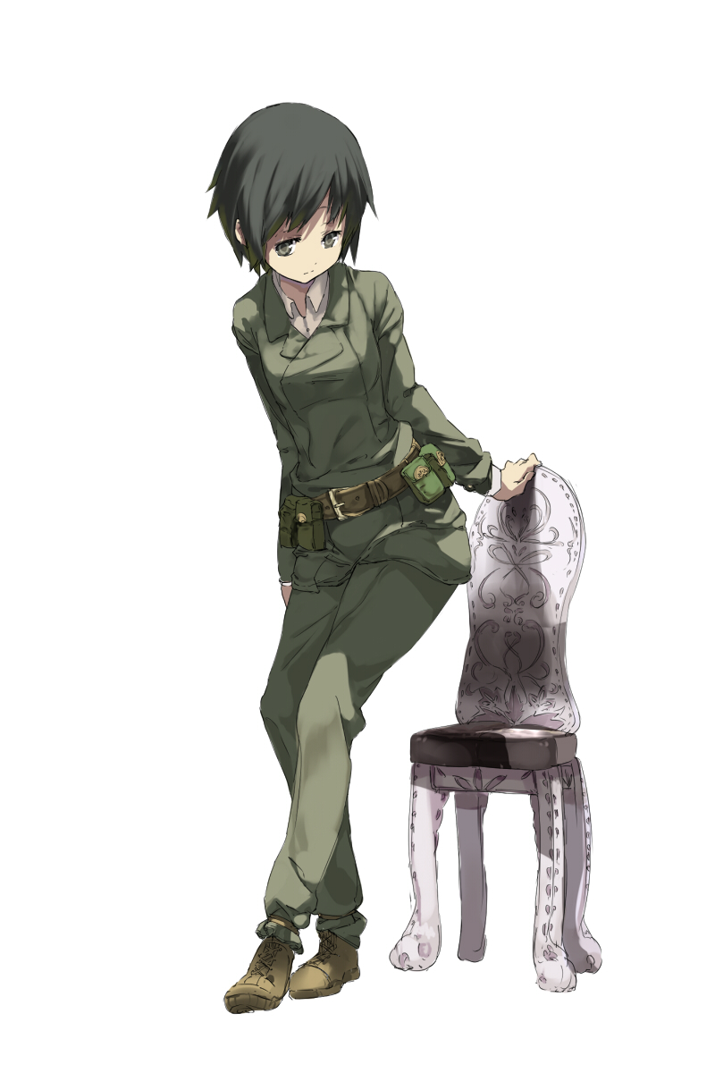 belt_pouch, black_eyes, black_hair, boots, chair, formal, highres, kino
