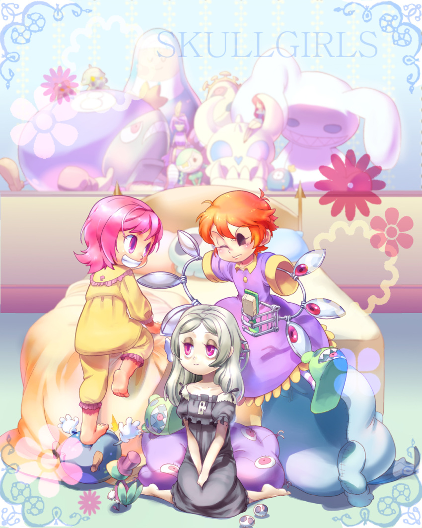andy_anvil, annie_(skullgirls), anvil, avery_(skullgirls), barefoot, bed, black_egrets, black_eyes