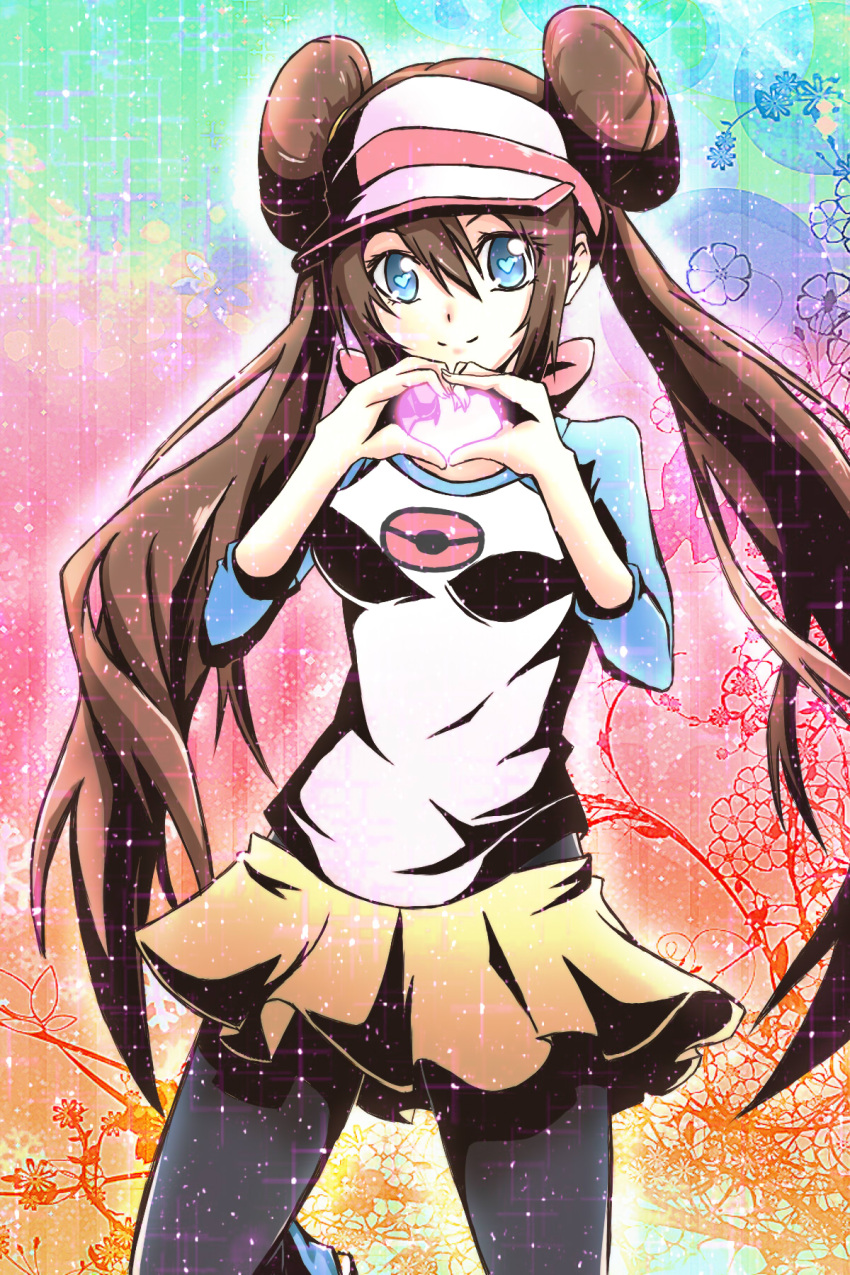 blue_eyes, brown_hair, cowboy_shot, double_bun, female_protagonist_(pokemon_bw2), forestss, heart, heart-shaped_pupils, heart_hands, highres, long_hair, mei_(pokemon), pantyhose, pokemon, pokemon_(game), pokemon_bw, pokemon_bw2, raglan_sleeves, shirt, skirt, smile, solo, sparkle, symbol-shaped_pupils, twintails, visor, visor_cap