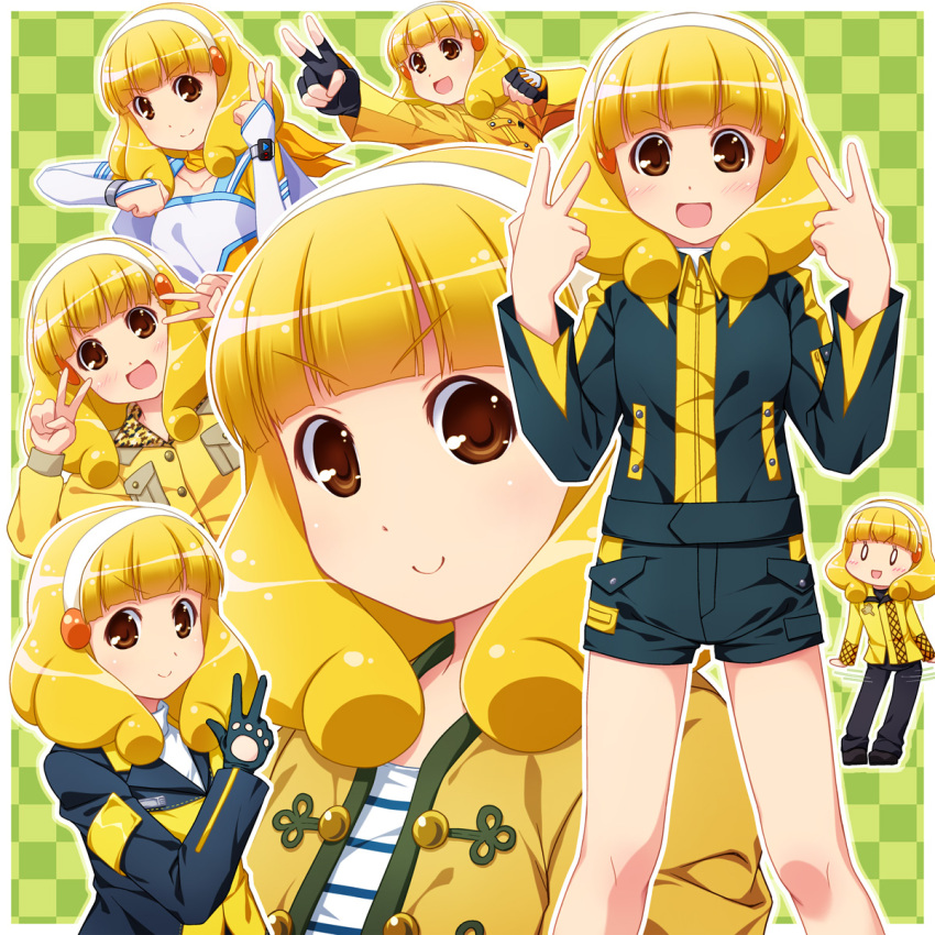 1girl, blush, choushinsei_flashman, cosplay, double_v, female, gloves, gogo_sentai_boukenger, hairband, highres, juuken_sentai_gekiranger, kaizoku_sentai_gokaiger, kise_yayoi, luka_millfy, luka_millfy_(cosplay), mahou_sentai_magiranger, mamiya_natsuki, mamiya_natsuki_(cosplay), multiple_persona, ozu_tsubasa, ozu_tsubasa_(cosplay), precure, pretty_cure, reimon_marika, reimon_marika_(cosplay), sara_(flashman), sara_(flashman)_(cosplay), sayousuke, shorts, smile, smile_precure!, solo, super_sentai, tokumei_sentai_go-busters, tokusou_sentai_dekaranger, usami_youko, usami_youko_(cosplay), uzaki_ran, uzaki_ran_(cosplay), v, yellow_eyes