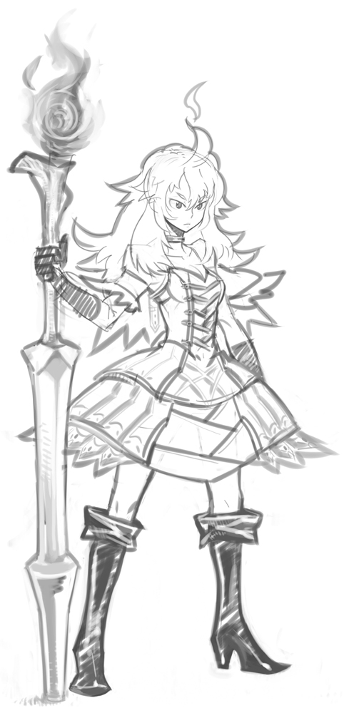 bare_shoulders, boots, dress, flaming_hair, gloves, huge_weapon, lance, long_hair
