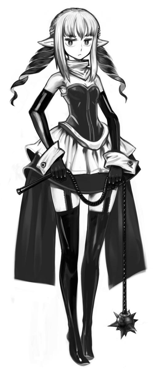 ball_and_chain, bare_shoulders, boots, chain, chains, dress, elbow_gloves, frown