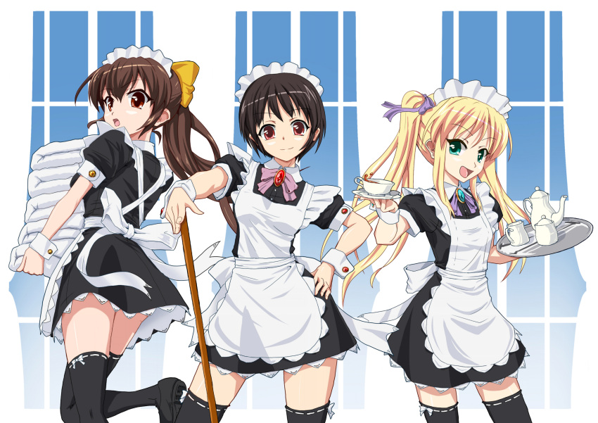 black_hair, blonde_hair, bow, brown_eyes, brown_hair, cup, green_eyes, hair_ribbon
