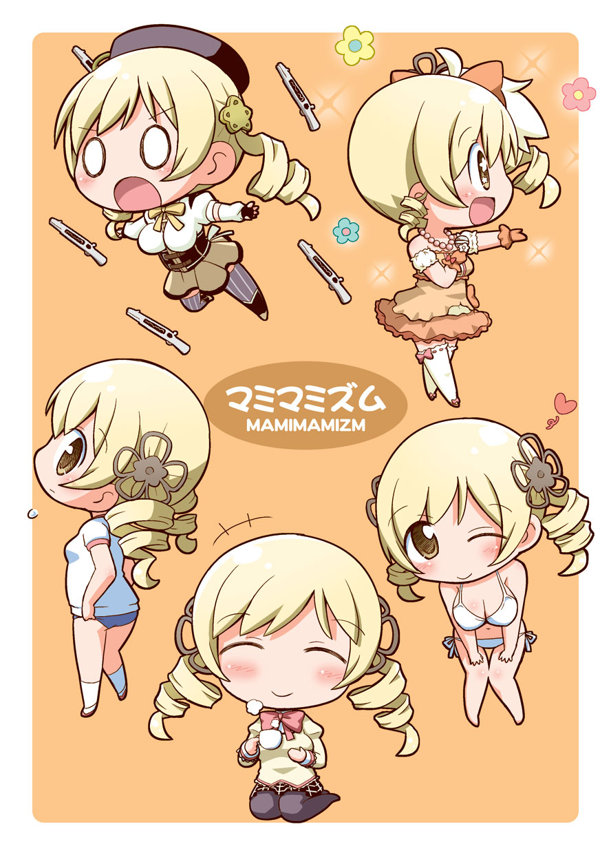 5girls, adjusting_buruma, arm_warmers, bikini, black_legwear, blonde_hair, blush, bow