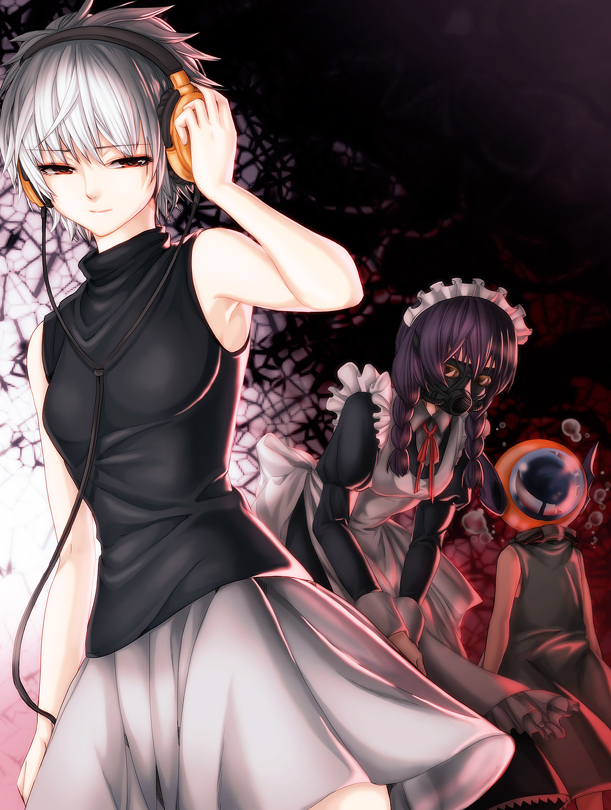 2girls, androgynous, apron, armpits, bubble, gas_mask, headphones, helmet