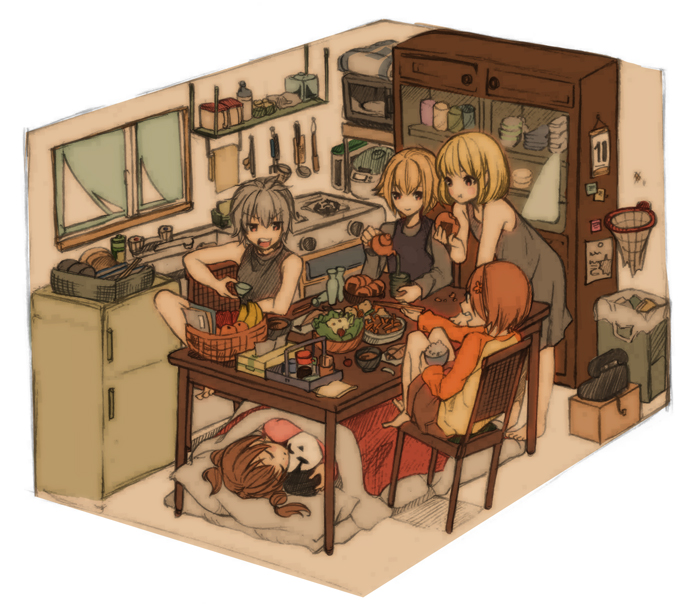 5girls, barefoot, chair, chie_(lcddem), chopsticks, crossover, cup, dishes