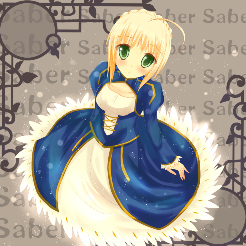 again8120, ahoge, bad_id, blonde_hair, blush, dress, fate_(series), from_above