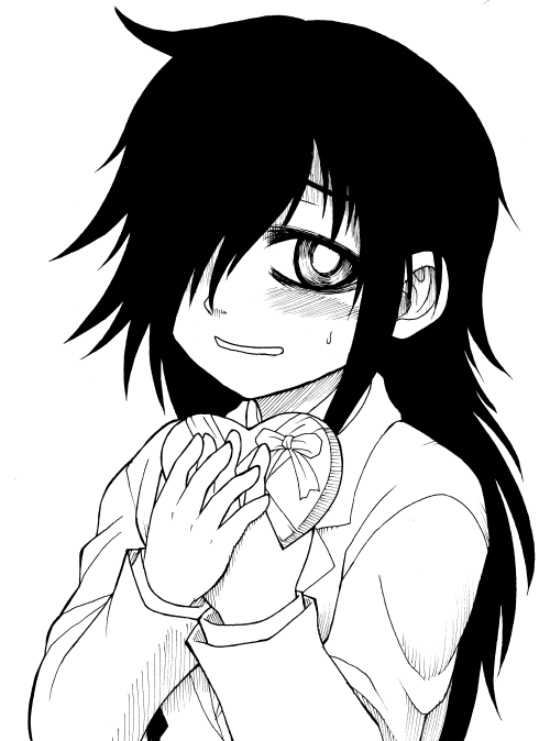 bags_under_eyes, black_hair, blazer, blush, chocolate, chocolate_heart, gift, hair_over_eye