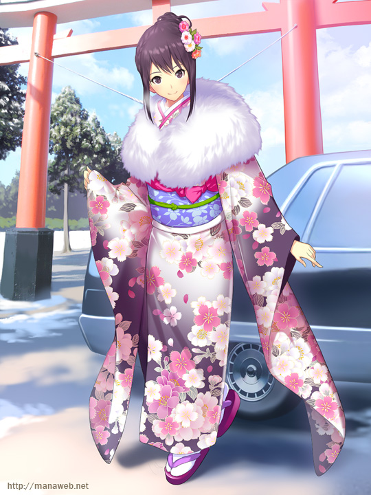 brown_eyes, brown_hair, car, floral_print, flower, fur_trim, furisode, geta, hair_flower, hair_ornament, hatsumoude, ikura_shizuku, ilog, japanese_clothes, kimono, mana_kakkowarai, motor_vehicle, new_year, obi, official_art, original, sandals, solo, tabi, torii, tree, vehicle, watermark, web_address