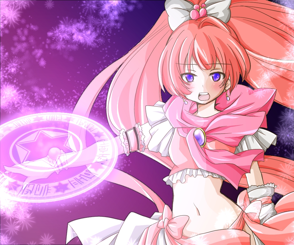 blue_eyes, blush, bow, earrings, frills, gloves, hair_bow, jewelry, long_hair, magic_circle, magical_girl, midriff, navel, original, pink_hair, scarf, tonamw, very_long_hair