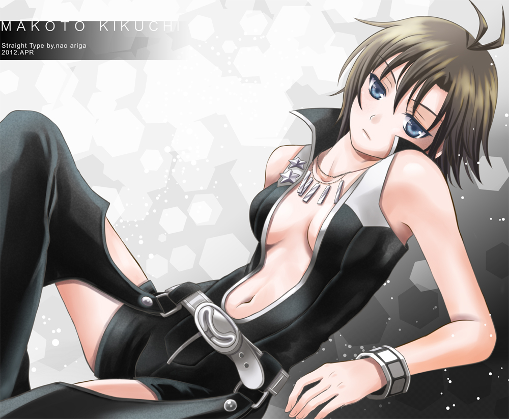 ariga_nao, bare_shoulders, black_hair, breasts, chaps, cleavage, idolmaster, kikuchi_makoto, navel, short_hair, shorts, solo