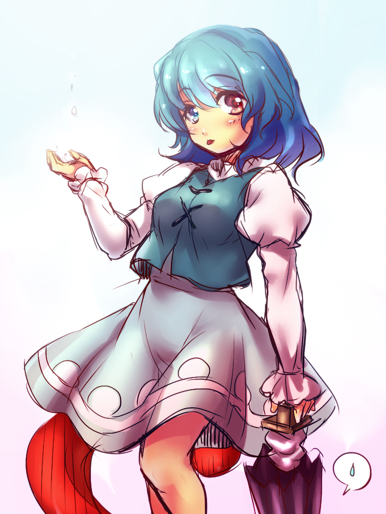 :p, blue_eyes, blue_hair, heterochromia, karakasa_obake, red_eyes, ruri_rarako, rurirarako, short_hair, skirt, solo, tatara_kogasa, tongue, touhou, umbrella, vest