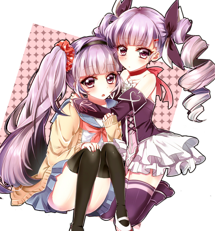 alternate_costume, alternate_hairstyle, bare_shoulders, black_legwear, cardigan, choker, detached_sleeves, drill_hair, dual_persona, gothic_lolita, gradient_hair, hairband, komoro, lolita_fashion, long_hair, multicolored_hair, purple_background, purple_eyes, purple_hair, school_uniform, shoes, side_ponytail, skirt, sophie_(tales_of_graces), tales_of_(series), tales_of_graces, thigh-highs, thighhighs, twin_drills, twintails, violet_eyes, white_hair