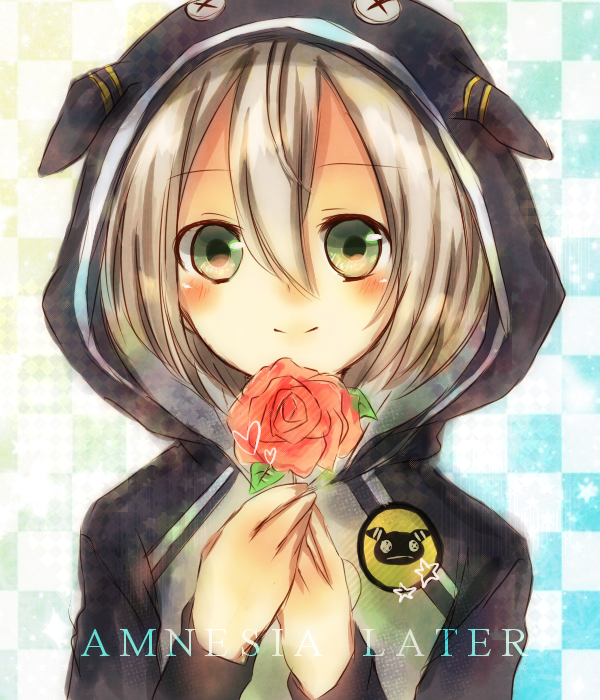 amnesia_(idea_factory), flower, green_eyes, grey_hair, hood, male, nonko, orion_(amnesia)