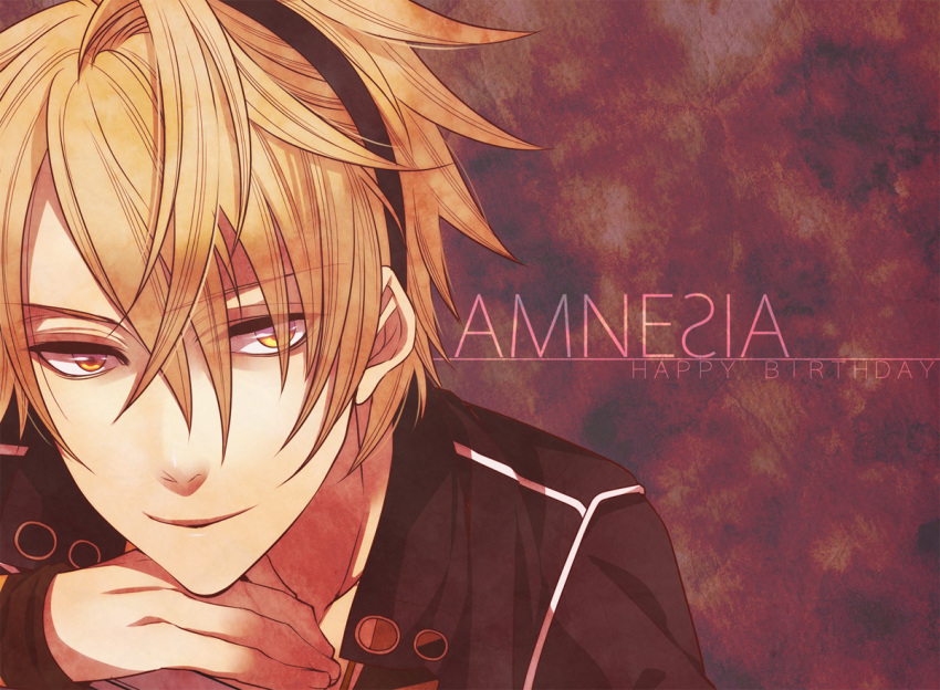 amnesia_(idea_factory), bad_id, blonde_hair, happy_birthday, jacket, male, purple_background, solo