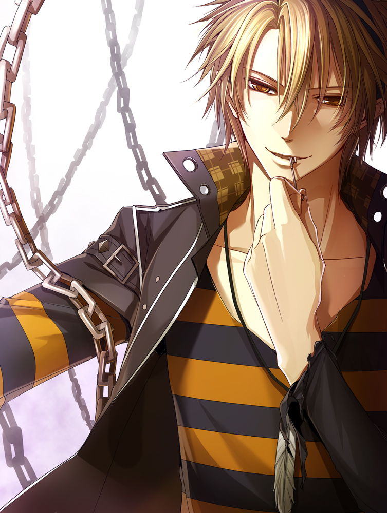 amnesia_(idea_factory), blonde_hair, chain, chains, feathers, jacket, jewelry, key, male, necklace, ouka_mai, smile, solo, toma_(amnesia), white_background, yellow_eyes