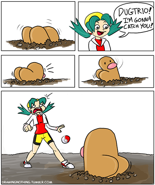 1girl, ass, bike_shorts, blue_hair, camac, comic, crystal_(pokemon), diglett, dropping, hat, poke_ball, pokemon, pokemon_(game), pokemon_gsc, surprised, twintails