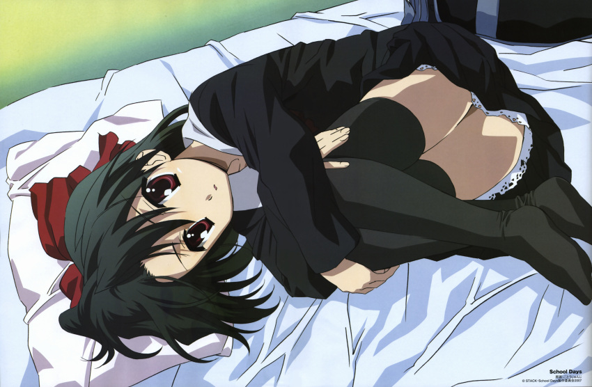 bag, bed, black_hair, black_legwear, bow, comp_h's, crossed_arms, fetal_position, gotou_junji, hair_bow, highres, kiyoura_setsuna, lace, leg_hug, lying, on_side, open_mouth, pillow, red_eyes, scan, school_days, school_uniform, setsuna_kiyoura, short_hair, skirt, solo, thigh_highs, thighhighs, thighs, uniform, zettai_ryouiki
