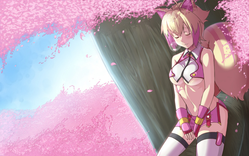 alternate_color, alternate_hair_color, animal_ears, antenna_hair, blazblue, blonde_hair, breasts, cherry_blossoms