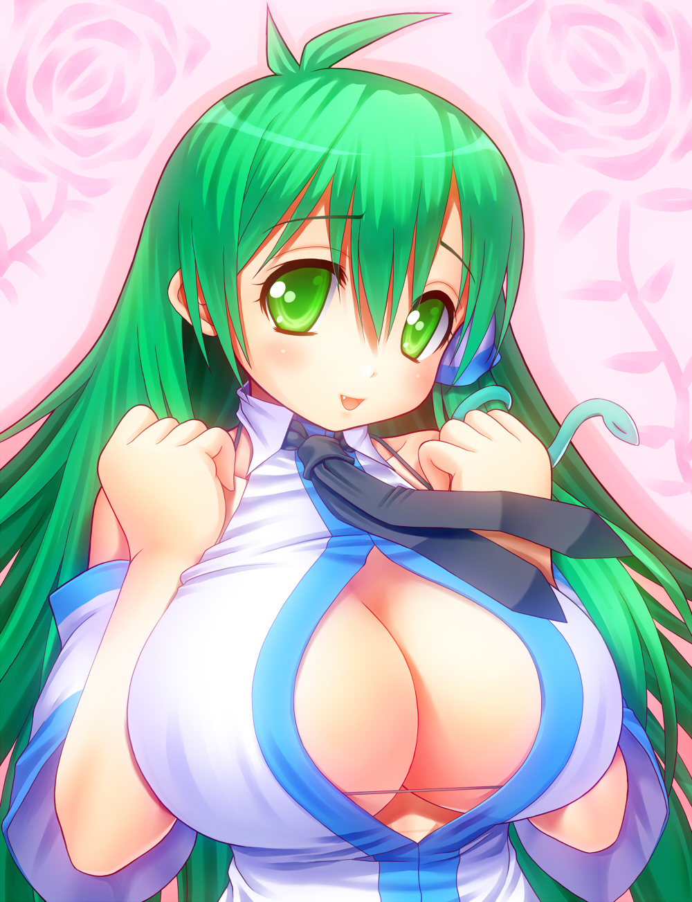 asamura_hiori, breasts, bust, center_opening, cleavage, detached_sleeves, fang, green_eyes