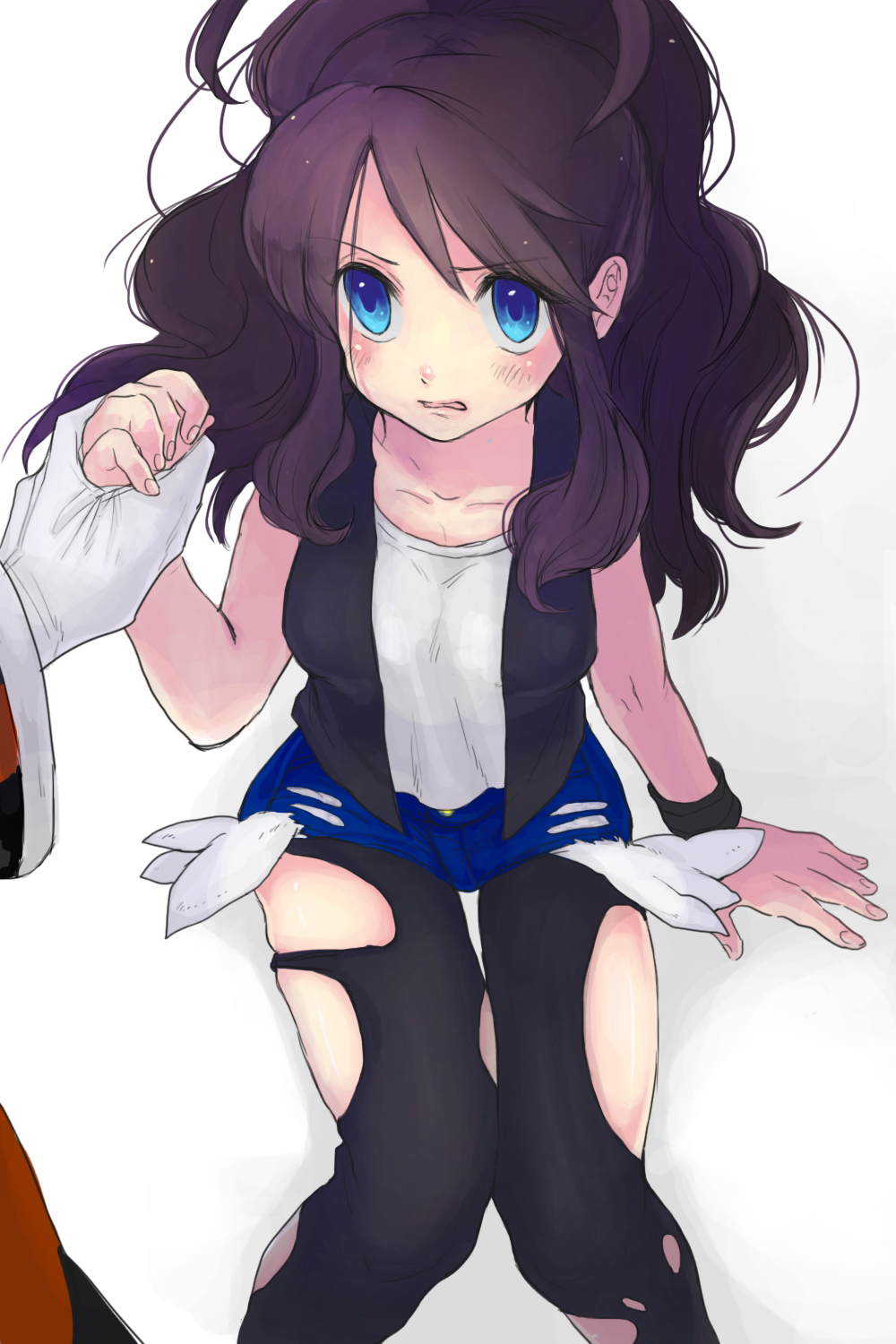 1girl, black_legwear, blue_eyes, brown_hair, denim, denim_shorts, from_above, gloves