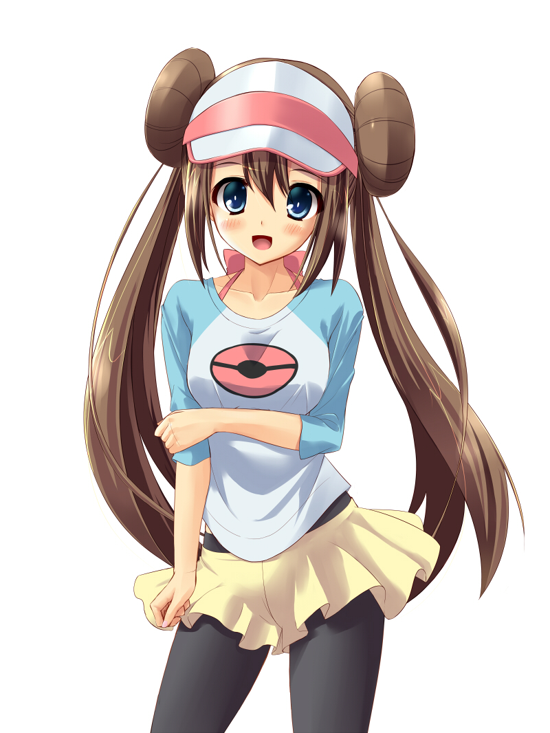 blue_eyes, blush, brown_hair, cowboy_shot, double_bun, female, female_protagonist_(pokemon_bw2), hat