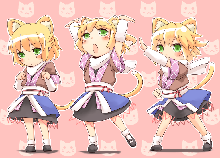 animal_ears, arm_up, arm_warmers, arms_up, blonde_hair, blush, cat_ears, cat_tail